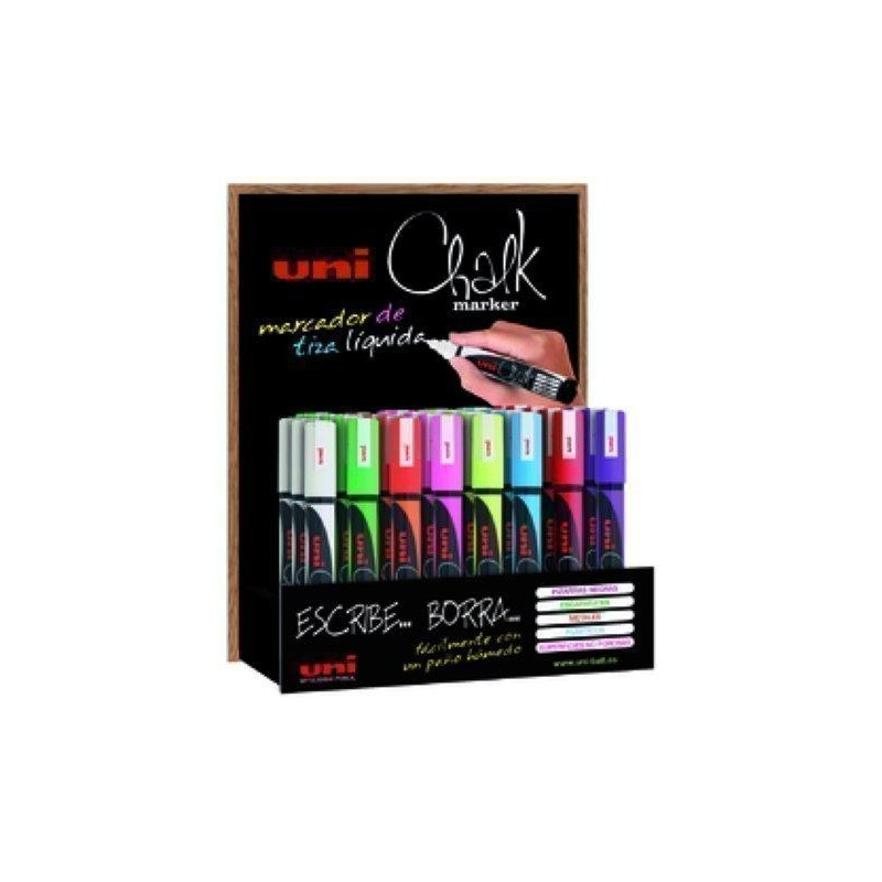 (182634541) UNIBALL MARCADOR DE TIZA LÍQUIDA CHALK PWE-5M/3D COLORES SURTIDOS EXPOSITOR 36 UD