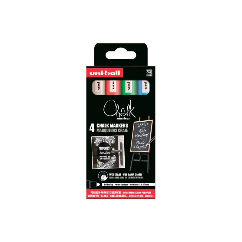 (302422086) UNIBALL MARCADOR DE TIZA LÍQUIDA CHALK PWE-5M COLORES BÁSICOS ESTUCHE 4 UD