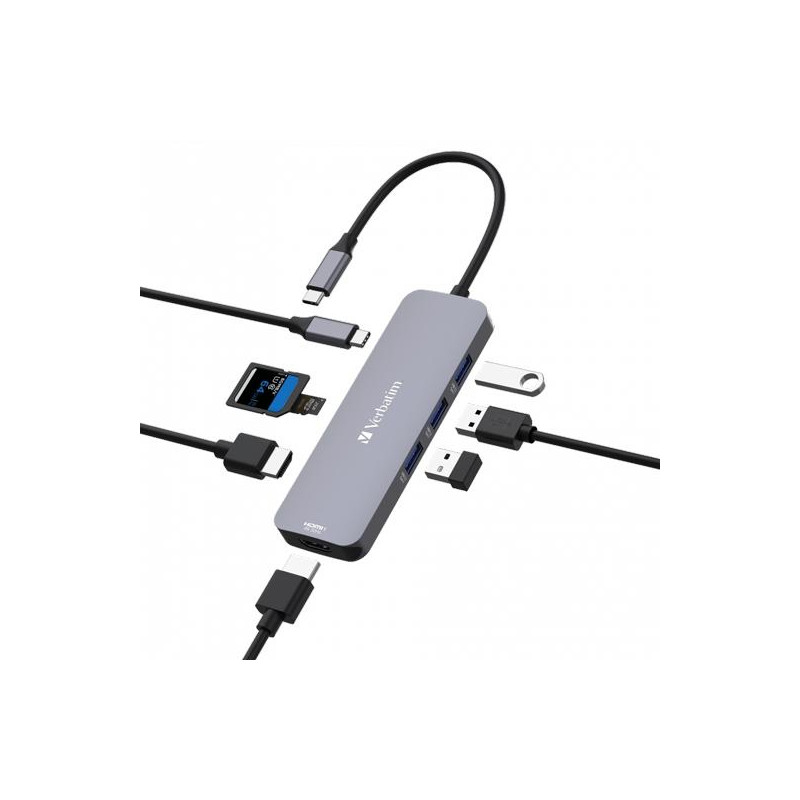 (32151) VERBATIM HUB PRO USB-C A 3XUSB 3.2 /2XHDMI /1XUSB-C PW/1XSD/1XMICROSD PLATA