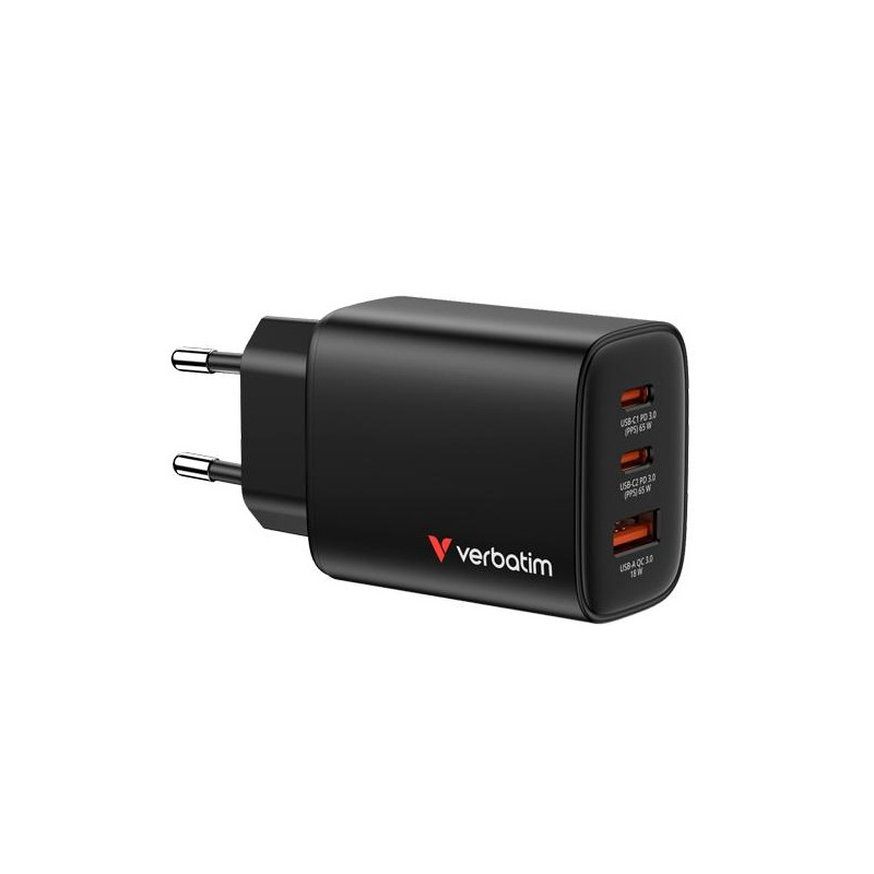 (32352) VERBATIM CARGADOR PARED GAN ESSENTIALS  65W 2XUSB-C 3.0 Y 1XUSB-A NEGRO