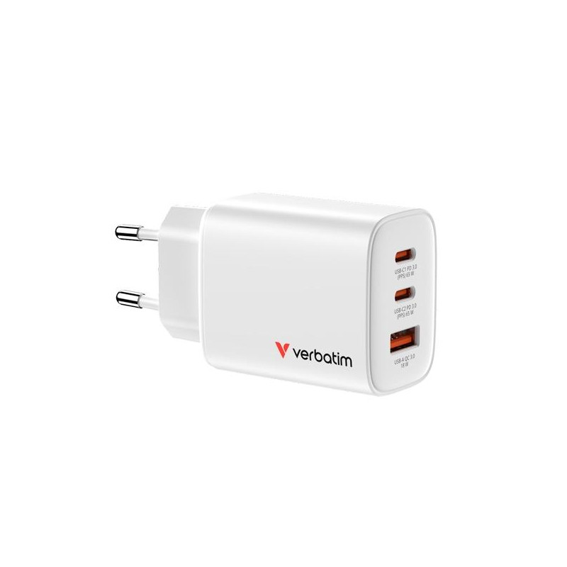 (32353) VERBATIM CARGADOR PARED GAN ESSENTIALS  65W 2XUSB-C 3.0 Y 1XUSB-A BLANCO