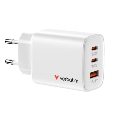 (32353) VERBATIM CARGADOR PARED GAN ESSENTIALS  65W 2XUSB-C 3.0 Y 1XUSB-A BLANCO