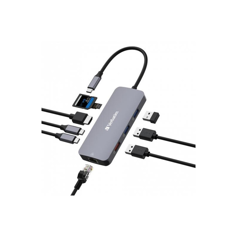 (32152) VERBATIM HUB PRO USB-C A 1XUSB 3.2/2XUSB 3.2/1XHDMI/1XRJ45/2XUSB-C/1XSD/1XMICROSD PLATA