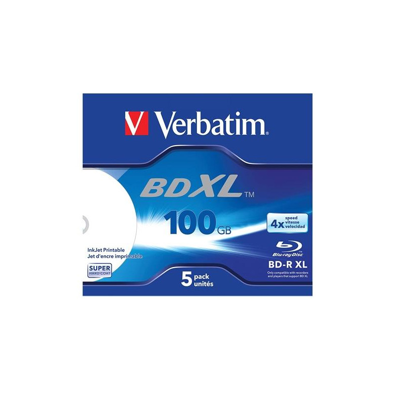 (43789) VERBATIM BD-R XL BLU-RAY 100GB 4X SPEED DATALIFE WHITE INKJET PRINTABLE - 5 EN CAJA JEWEL