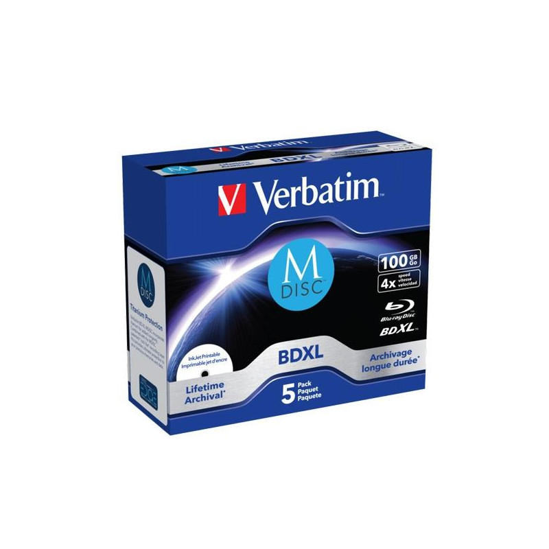 (43834) VERBATIM BDXL MDISC BLU-RAY 100GB 4X SPEED DATALIFE WHITE BLUE SURFACE- 5 PACK
