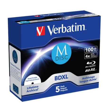 (43834) VERBATIM BDXL MDISC BLU-RAY 100GB 4X SPEED DATALIFE WHITE BLUE SURFACE- 5 PACK