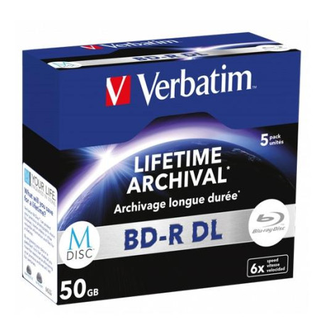 (43846) VERBATIM BD-R DL MDISC BLU-RAY 50GB 6X SPEED DATALIFE WHITE BLUE SURFACE- 5 PACK