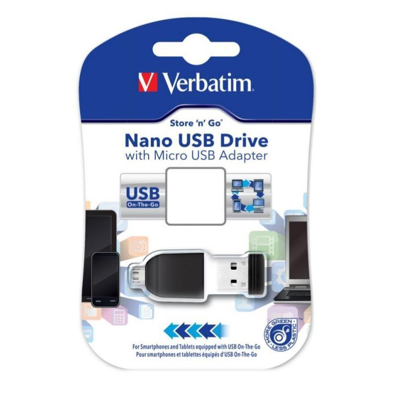 (49821) VERBATIM PENDRIVE NANO ON-THE-GO 16GB USB 2.0 OTG CON ADAPTADOR MICRO USB NEGRO