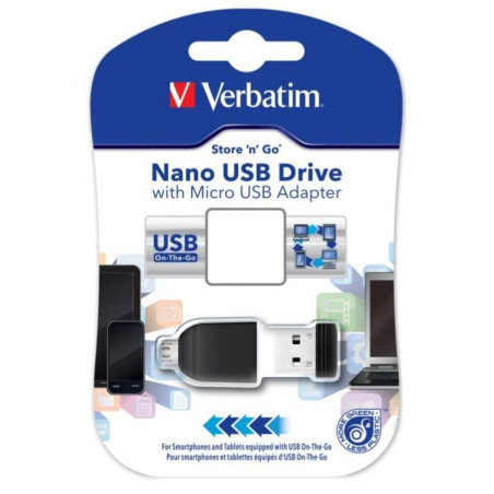 (49821) VERBATIM PENDRIVE NANO ON-THE-GO 16GB USB 2.0 OTG CON ADAPTADOR MICRO USB NEGRO