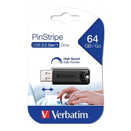 (49318) VERBATIM PENDRIVE PINSTRIPE 64GB HIGH SPEED RETRÁCTIL USB 3.2 NEGRO