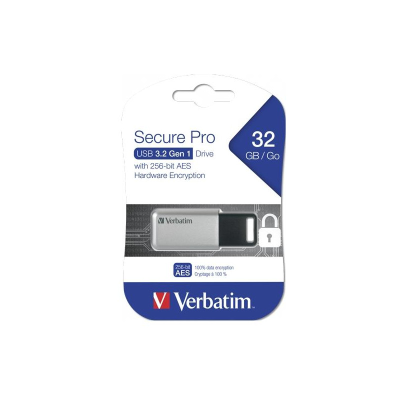 (98665) VERBATIM PENDRIVE SECURE PRO 32GB RETRÁCTIL USB 3.2 HARDWARE ENCRYPTION PLATA
