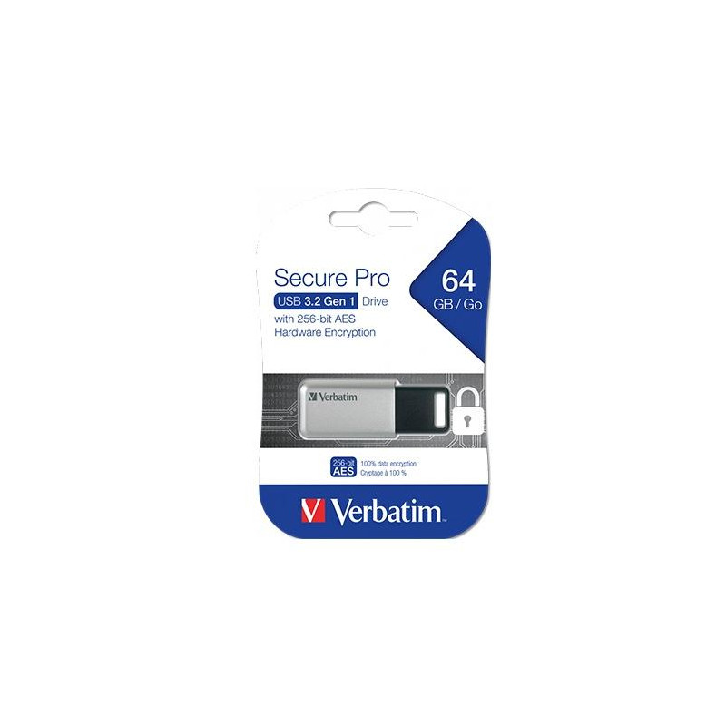 (98666) VERBATIM PENDRIVE SECURE PRO 64GB RETRÁCTIL USB 3.2 HARDWARE ENCRYPTION PLATA