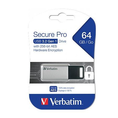 (98666) VERBATIM PENDRIVE SECURE PRO 64GB RETRÁCTIL USB 3.2 HARDWARE ENCRYPTION PLATA