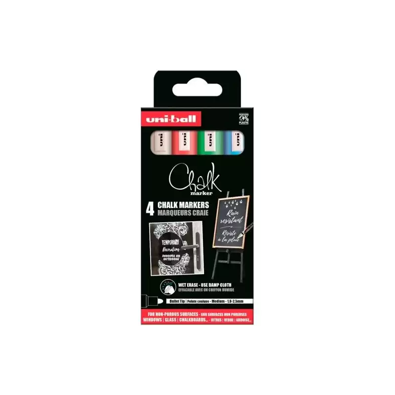(302422086) UNIBALL MARCADOR DE TIZA LÍQUIDA CHALK PWE-5M COLORES BÁSICOS ESTUCHE 4 UD