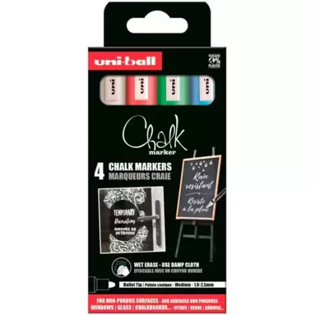 (302422086) UNIBALL MARCADOR DE TIZA LÍQUIDA CHALK PWE-5M COLORES BÁSICOS ESTUCHE 4 UD