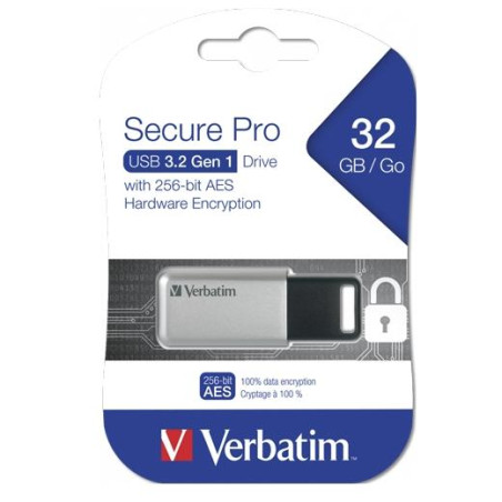 (98665) VERBATIM PENDRIVE SECURE PRO 32GB RETRÁCTIL USB 3.2 HARDWARE ENCRYPTION PLATA