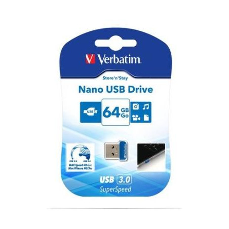 (98711) VERBATIM PENDRIVE NANO STORE'N'STAY 64GB SUPER SPEED USB 3.0 AZUL