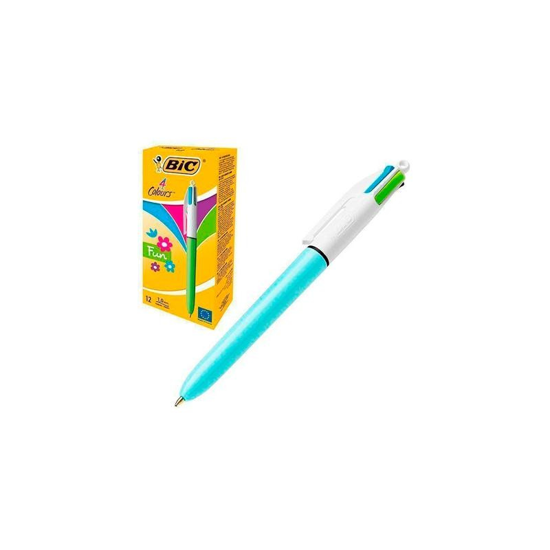(982870) BIC BOLÍGRAFO 4 COLORES FUN PASTEL CUERPO BLANCO/AZUL CAJA 12 UD