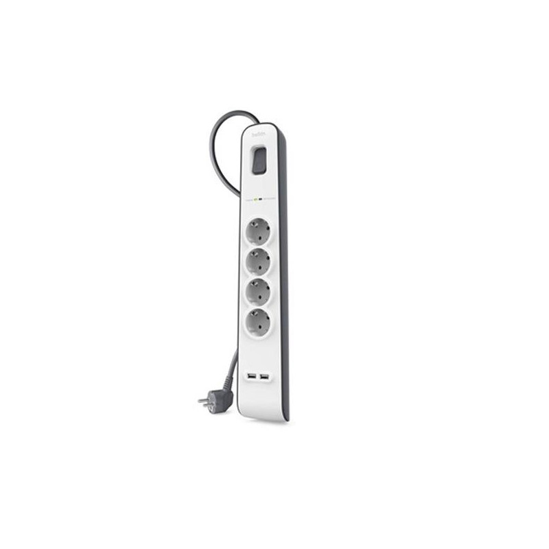 (BSV401VF2M) BELKIN REGLETA DE PROTECCION CONTRA SOBRETENSIONES CON 4 TOMAS + 2 PUERTOS USB BOTÓN DE APAGADO Y ENCENDIDO 2 ME...
