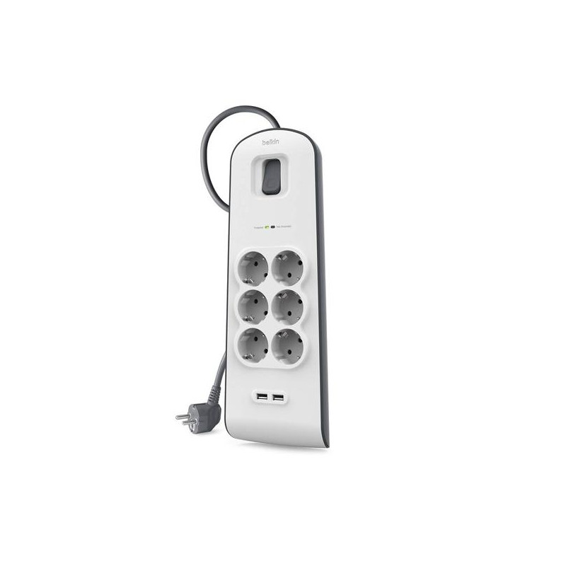 (BSV604VF2M) BELKIN REGLETA DE PROTECCION CONTRA SOBRETENSIONES CON 6 TOMAS + 2 PUERTOS USB BOTÓN DE APAGADO Y ENCENDIDO 2 ME...