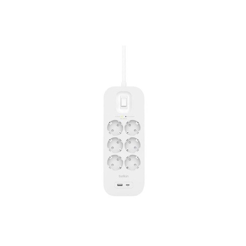 (SRB002VF2M) BELKIN REGLETA DE PROTECCION CONTRA SOBRETENSIONES CON 6 TOMAS + USB + USB-C BOTÓN DE APAGADO Y ENCENDIDO 2 METR...