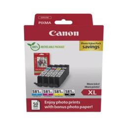 (2052C006) CANON TINTA ECOPACK BK+C/M/Y + 50H PAPEL FOTOGRAFICO - PIXMA TS 615X/815X/915X - TR 755X/855X - CLI 581XL (PACK ...