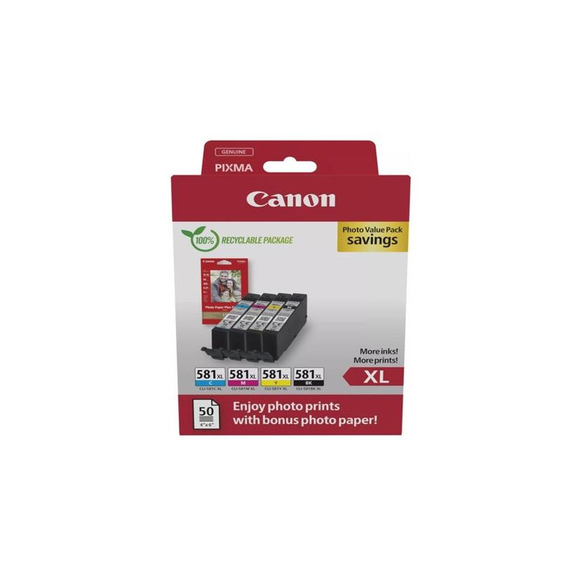 (2052C006) CANON TINTA ECOPACK BK+C/M/Y + 50H PAPEL FOTOGRAFICO - PIXMA TS 615X/815X/915X - TR 755X/855X - CLI 581XL (PACK ...