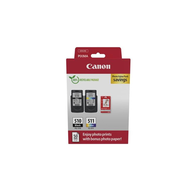 (2970B017) CANON TINTA ECOPACK BK+ C/M/Y + 50H PAPEL FOTOGRÁFICO 10X15 FOR PIXMA IP 2700 - MP 230/252/272/280/282/492/495/4...