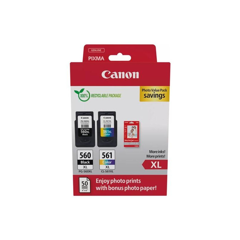 (3712C008) CANON TINTA ECOPACK BK+ C/M/Y + 50H PAPEL FOTOGRÁFICO 10X15 PARA PIXMA TS 5350/5351/5352/5353/7450 - PG 560XL + ...
