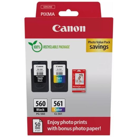 (3713C008) CANON TINTA ECOPACK BK+C/M/Y + 50H PAPEL FOTOGRÁFICO 10X15 BRILLANTE GP 501 PIXMA TS 5350/5350A/5350I/5351/5351A...