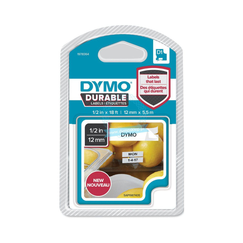 (1978364) DYMO CINTA DE TRANSFERENCIA TERMICA D1 DURABLE. ETIQUETA PERMANTE NEGRO SOBRE BLANCO DE 12MMX5