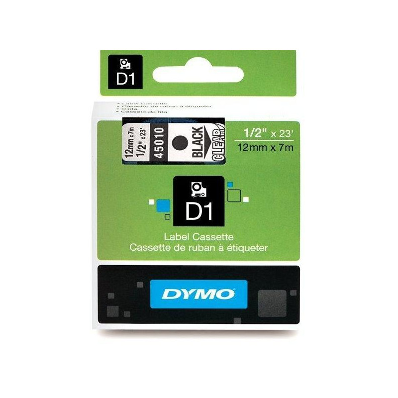 (S0720500) DYMO CINTA DE TRANSFERENCIA TERMICA D1 45010. ETIQUETAS ESTÁNDAR NEGRO SOBRE TRANSPARENTE DE 12MMX7M. POLIESTER ...