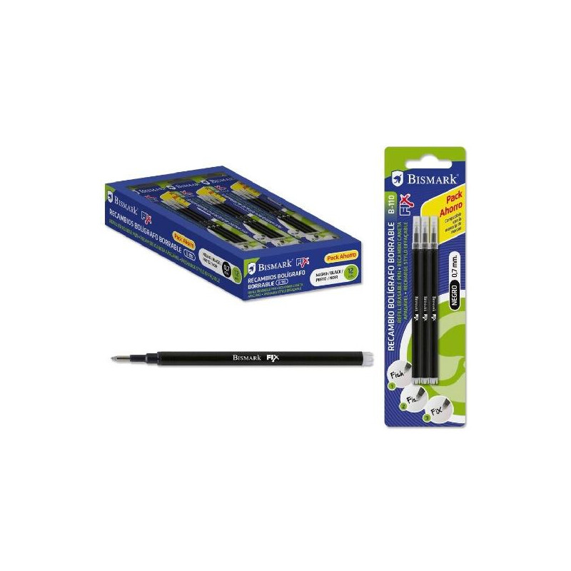 (327533) BISMARK RECAMBIO BOLÍGRAFO DE TINTA BORRABLE BLÍSTER DE 3 NEGRO