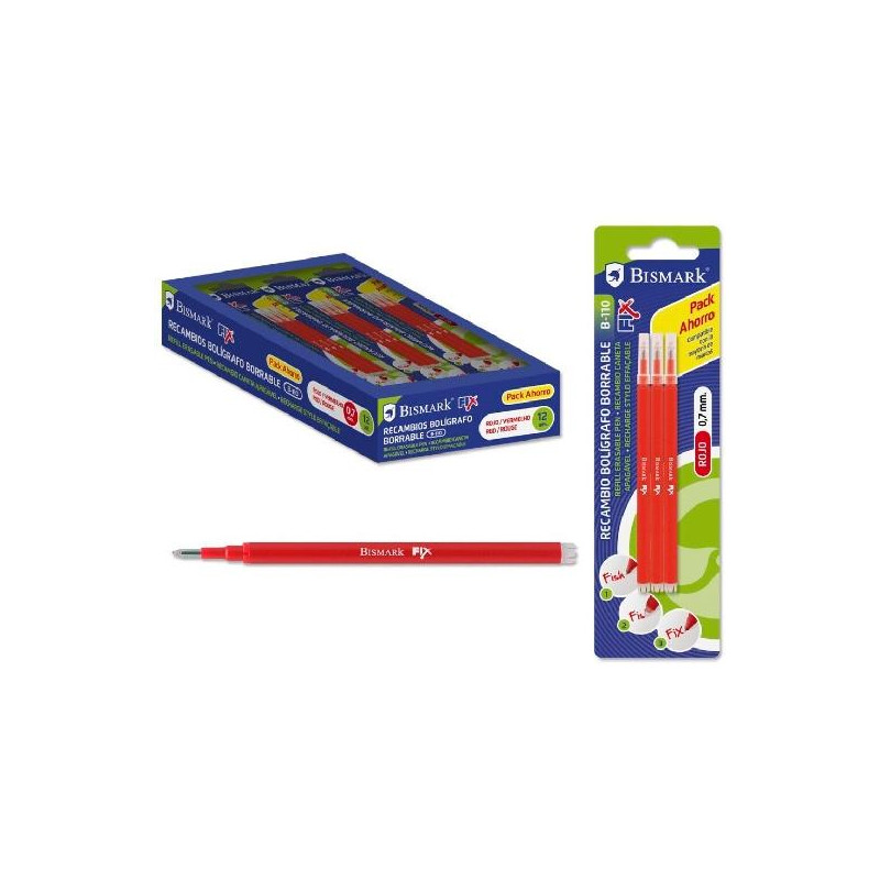 (327534) BISMARK RECAMBIO BOLÍGRAFO DE TINTA BORRABLE BLÍSTER DE 3 ROJO