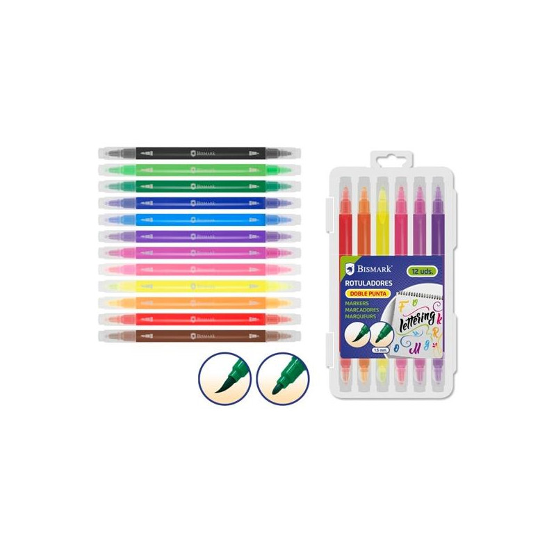 (328343) BISMARK ROTULADORES LETTERING DOBLE PUNTA MEDIA/PINCEL C/SURTIDOS ESTUCHE 12 UD