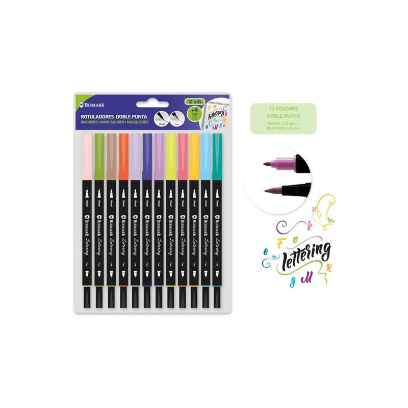 (330114) BISMARK ROTULADORES LETTERING DOBLE PUNTA FINA/PINCEL C/SURTIDOS ESTUCHE 12 UD
