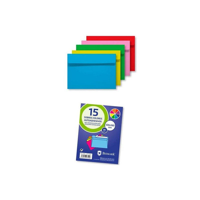 (323140) BISMARK SOBRE DE PAPEL AUTOADHESIVO 90GR 120X165MM COLORES 15 SOBRES SURTIDOS
