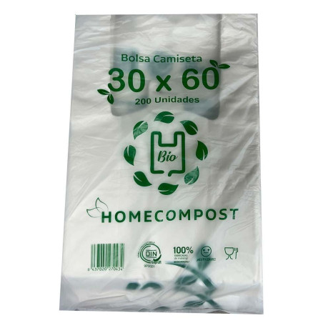 (70434) BOLSA DE CAMISETA 30X60CM COMPOSTABLE 14 MICRAS PAQUETE 200 UD