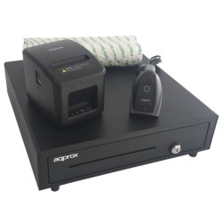 (APPPOSPACK4180USB-2D) AQPROX KIT TPV CAJON PORTAMONEDAS NEGRO + LECTOR/SCANNER + IMPRESORA TERMICA + PACK ROLLOS PAPEL