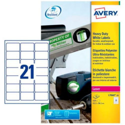 (L7060-20) AVERY ETIQUETAS ADHESIVAS PERMANENTES 63,5X38,1MM LÁSER 21 X 20H POLIÉSTER BLANCO