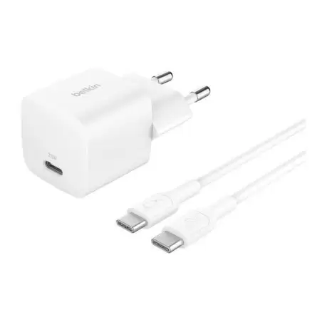 (WCA012KQ1MWH-B6) BELKIN CARGADOR PARED USB-C + CABLE USB-C A USB-C 25W BLANCO