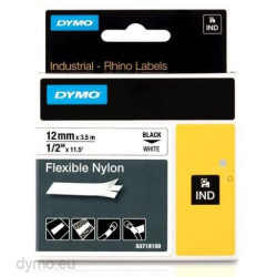 (18488) DYMO RHINO CINTA DE ETIQUETAS INDUSTRIAL ADHESIVA ID1-12, NEGRO SOBRE BLANCO DE 12MMX3´5M, NYLON FLEXIBLE (S0718100)