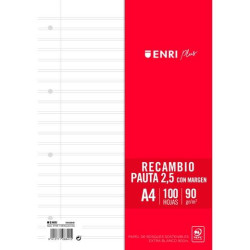 (400173990) ENRI RECAMBIO PLUS 100H A4 90GR PAUTA 2,5 C/MARGEN 4 TALADROS BLANCO