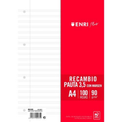 (400173993) ENRI RECAMBIO PLUS 100H A4 90GR PAUTA 3,5 C/MARGEN 4 TALADROS BLANCO