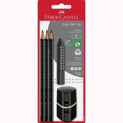 (217093) FABER CASTELL SET 2001 GRIP 3 LÁPICES DE GRAFITO + GOMA + SACAPUNTAS NEGRO EN BLISTER