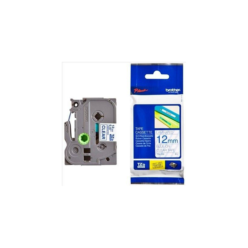(TZE133) BROTHER CINTA ROTULADORA LAMINADA TEXTO AZUL SOBRE TRANSPARENTE - 12MMX8M