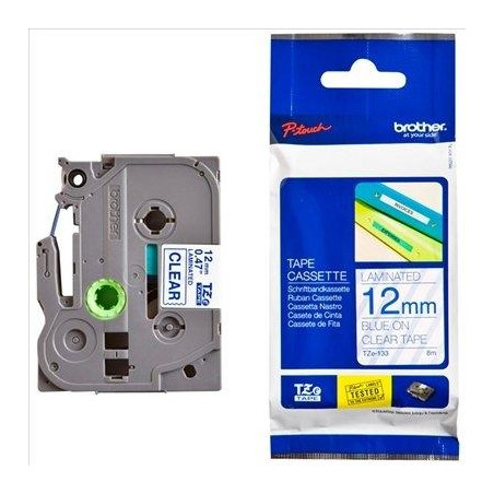 (TZE133) BROTHER CINTA ROTULADORA LAMINADA TEXTO AZUL SOBRE TRANSPARENTE - 12MMX8M
