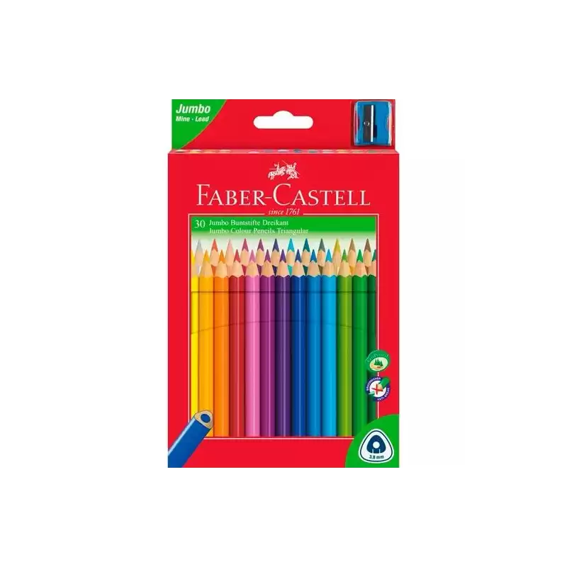 (116530) FABER CASTELL LÁPICES DE COLORES JUMBO TRIANGULAR + SACAPUNTAS C/SURTIDOS ESTUCHE 30 UD