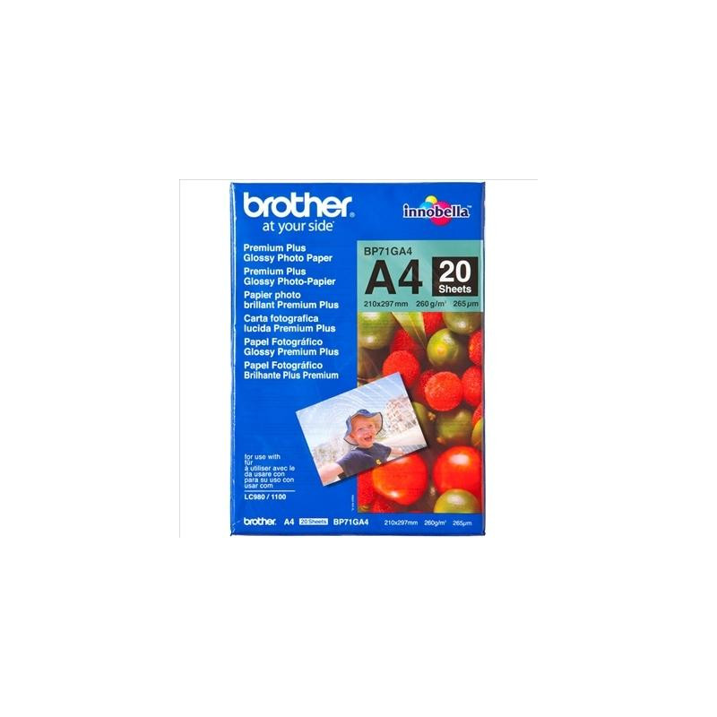(BP71GA4) BROTHER PAPEL FOTOGRÁFICO GLOSSY PREMIUM A4 260GR INKJET PAQUETE 20H BLANCO BRILLO