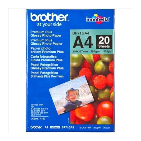 (BP71GA4) BROTHER PAPEL FOTOGRÁFICO GLOSSY PREMIUM A4 260GR INKJET PAQUETE 20H BLANCO BRILLO